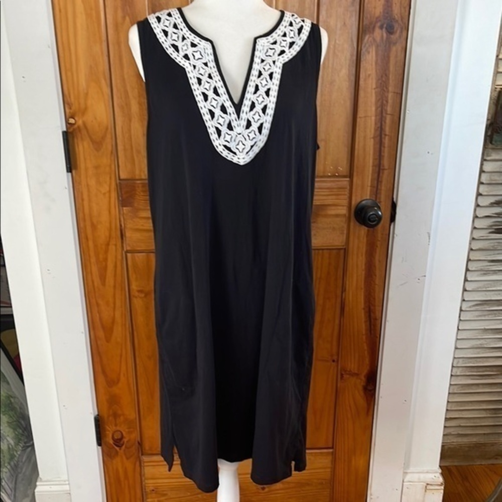 Lands End Black Cotton Knit Sleeveless V Neck Dress Large 14-16 White Appliqué